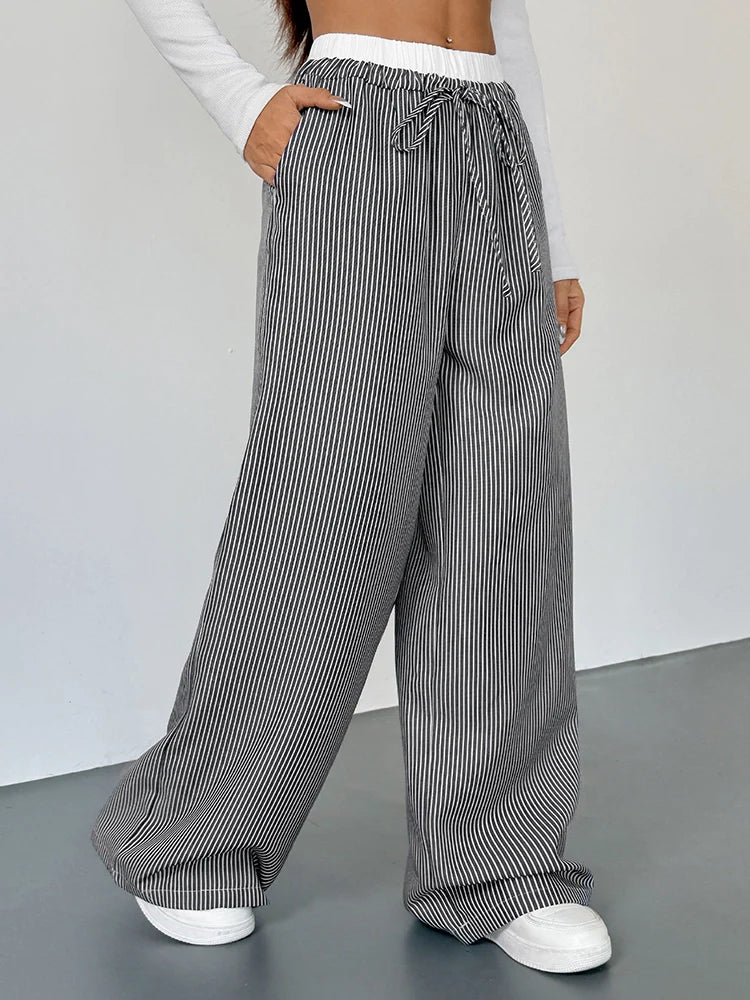 Women's Striped High Waist Wide Leg Pants Loose Color Block Straight Leg Suit Trousers