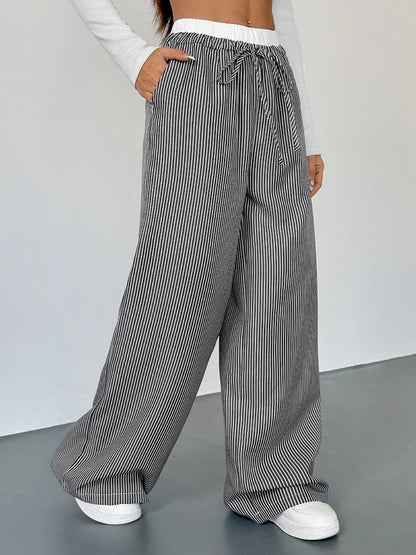 Women's Striped High Waist Wide Leg Pants Loose Color Block Straight Leg Suit Trousers