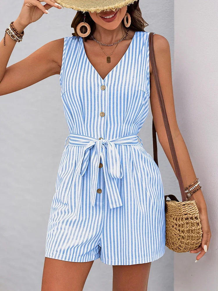 Women's Striped Wrap V Neck Tie Waist Spaghetti Strap Gym Shorts