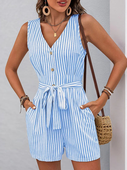 Women's Striped Wrap V Neck Tie Waist Spaghetti Strap Gym Shorts