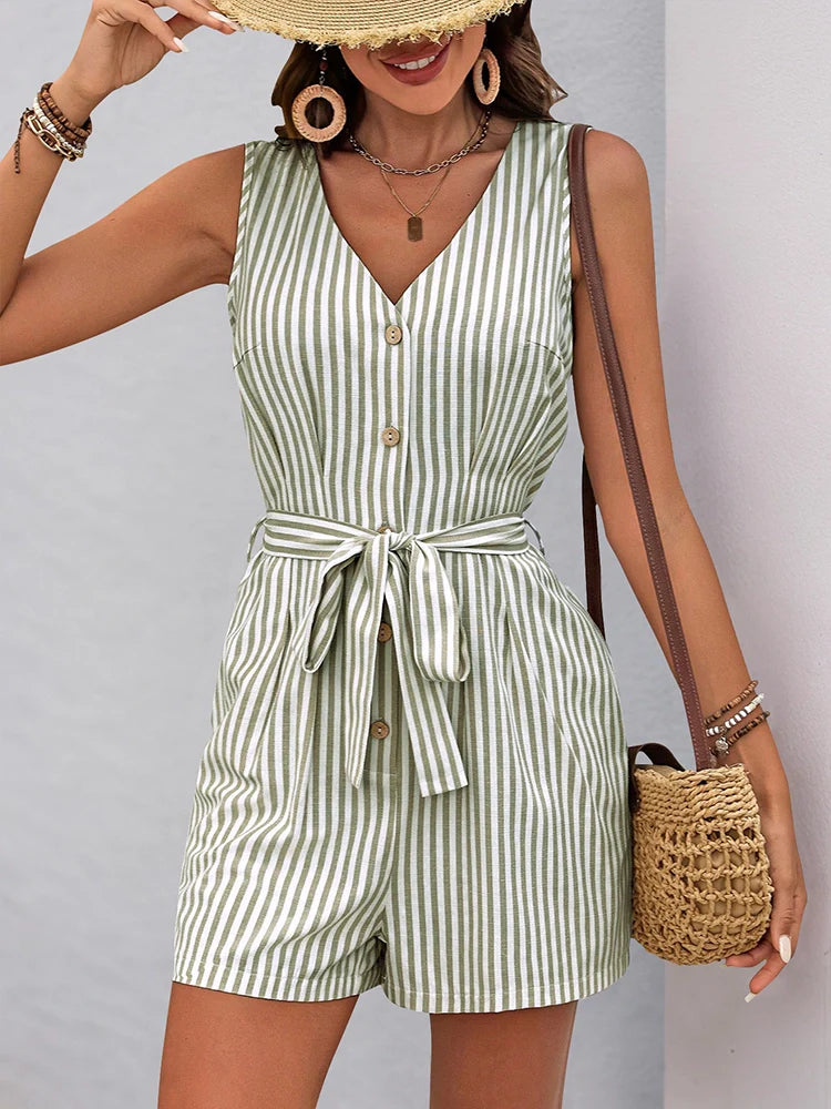 Women's Striped Wrap V Neck Tie Waist Spaghetti Strap Gym Shorts