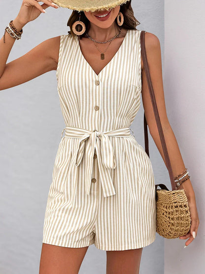 Women's Striped Wrap V Neck Tie Waist Spaghetti Strap Gym Shorts