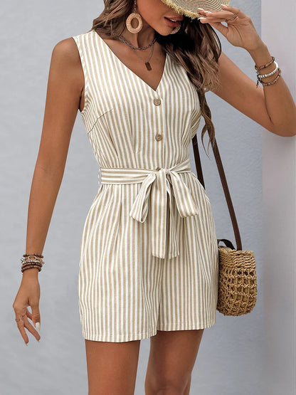 Women's Striped Wrap V Neck Tie Waist Spaghetti Strap Gym Shorts