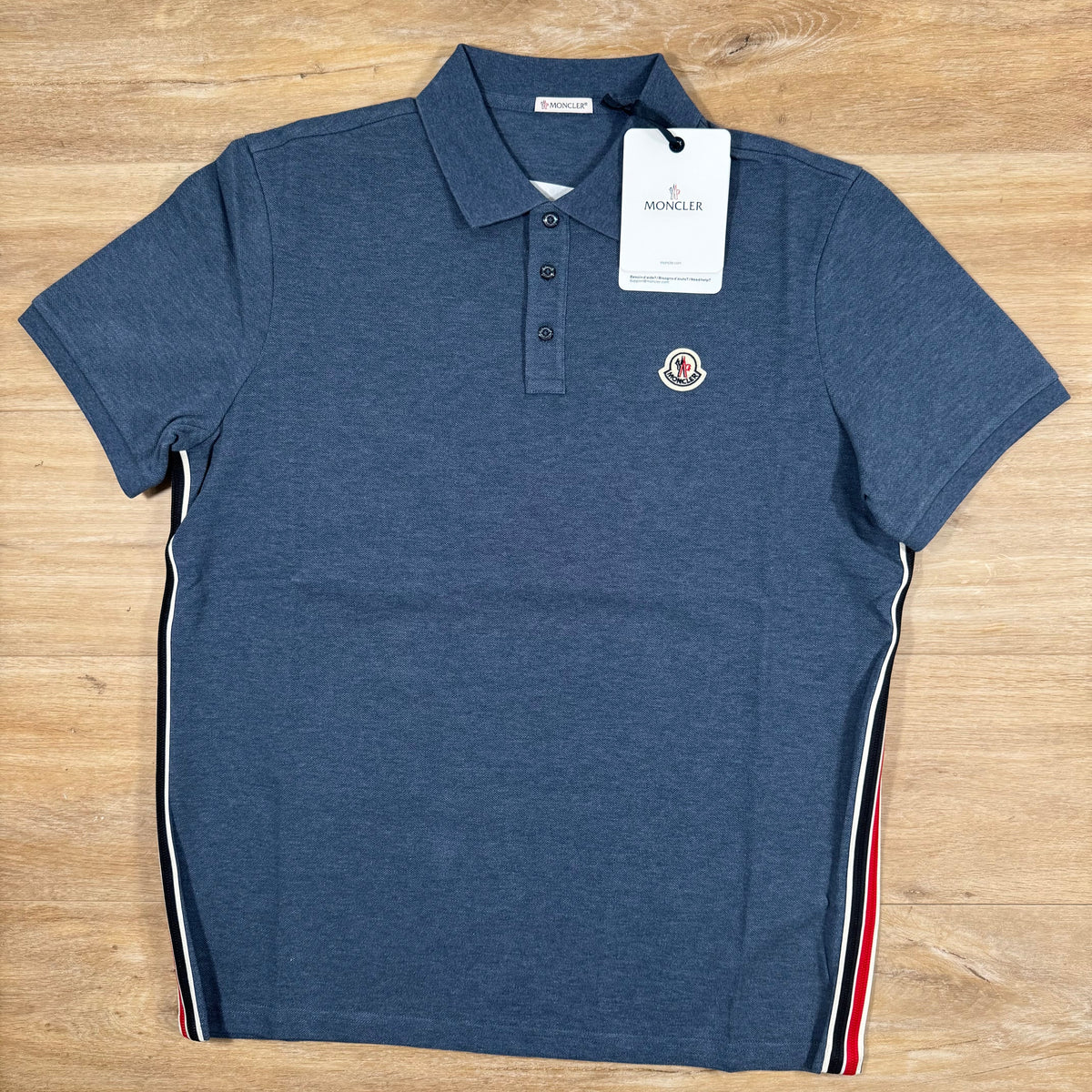 Moncler Striped Trim Cotton Piquet Polo Shirt in Dusty Blue